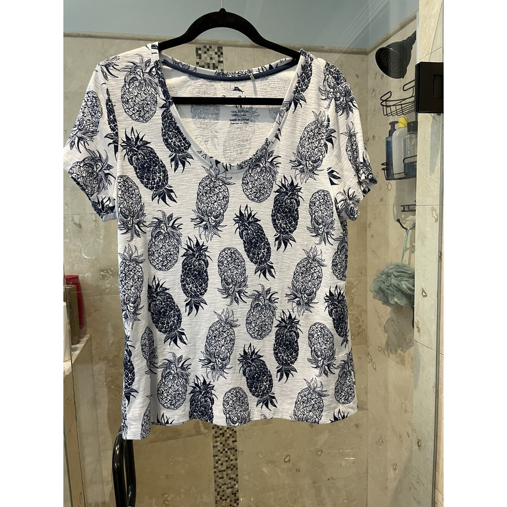 Tommy Bahama Blue White Pineapple Batik Print V-Neck Top L Large